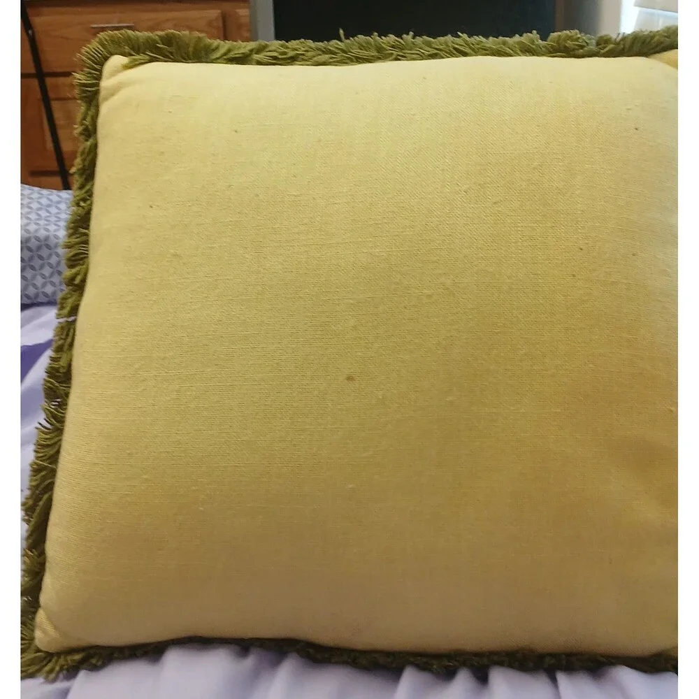 Vtg Needlepoint Handmade Throw Pillow Floral Cushion Green Fringe